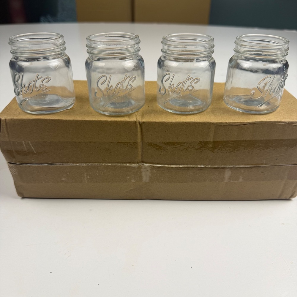 Set of 4 Mini Mason Jar Shot Glasses Clear Glass Embossed Shots 2oz Barware